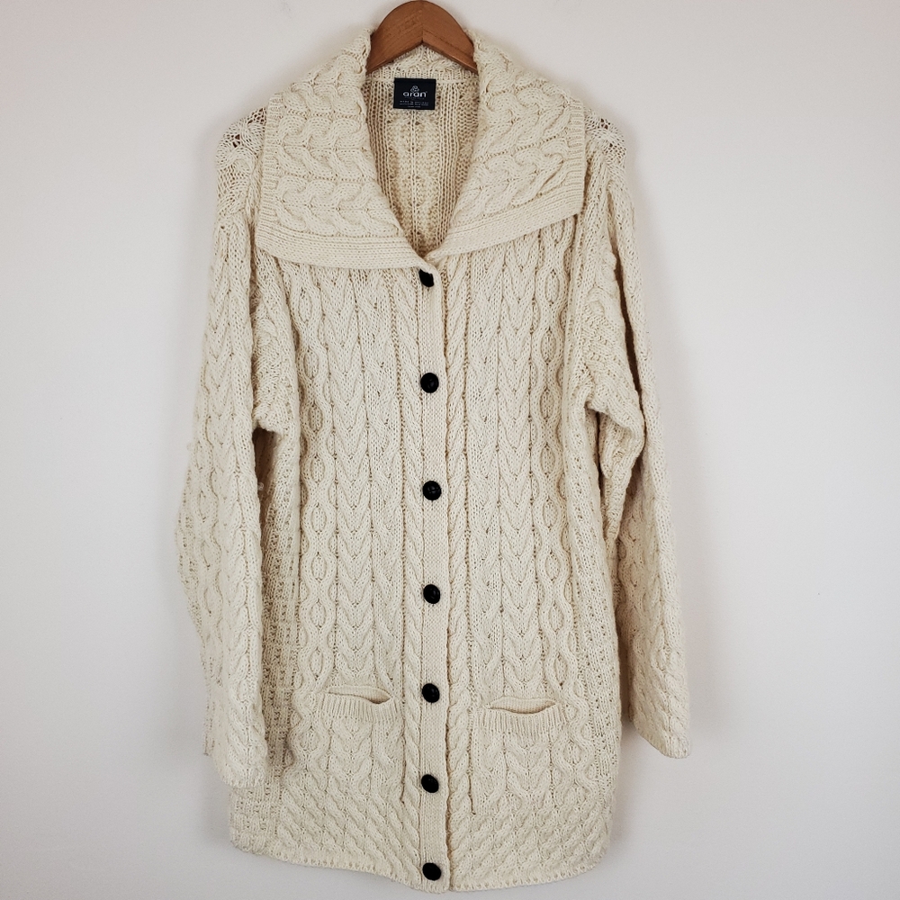 Aran Woolen Mills Wool Hand Knit Long Line Fisherman Sweater Cardigan
